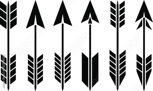 Diverse black silhouette arrow designs consistently pointing upwards against a bright white background