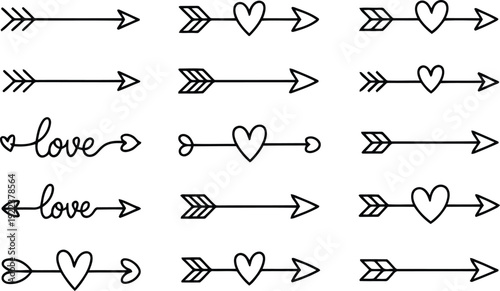Diverse black outline arrows with charming hearts and expressive love calligraphy presented on a clean white background