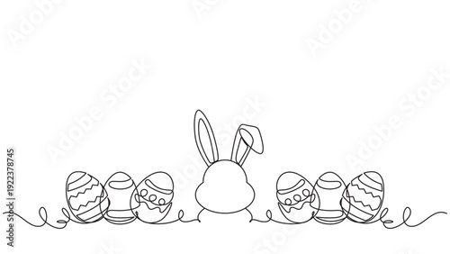 Easter Bunny and Decorated Eggs Line Art Border - Minimalist Festive Design