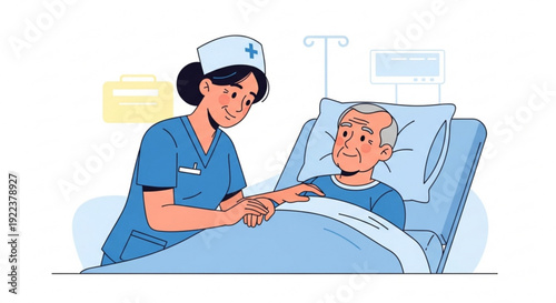 Nurse comforting elderly patient in hospital bed with care and support