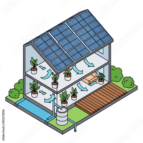 Modern Greenhouse with Solar Panels Illustration.