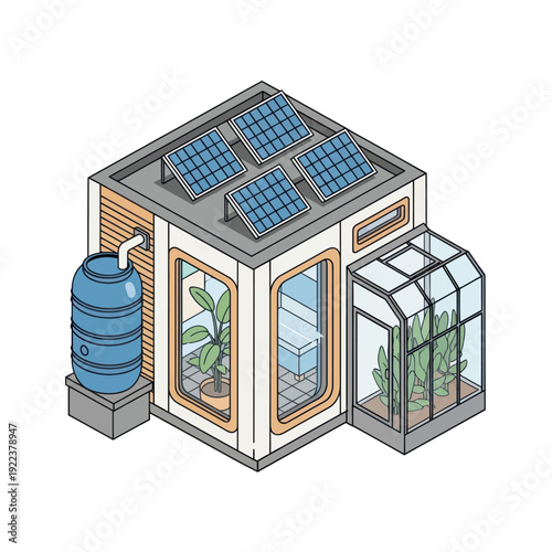 Sustainable Home with Solar Panels Greenhouse.