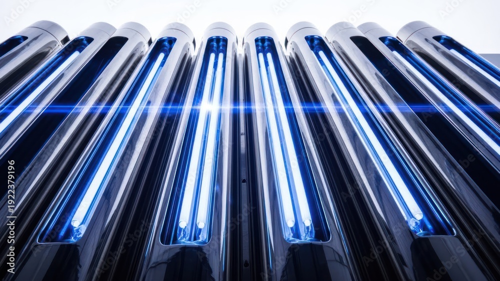 Obraz premium Group of parallel cylindrical objects with intense blue light shining from within