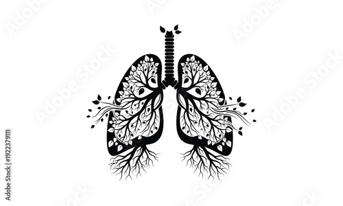 Human lungs silhouette with tree branches and green leaves concept art
