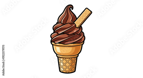 Delicious Chocolate Soft Serve Ice Cream Cone with Wafer Stick.