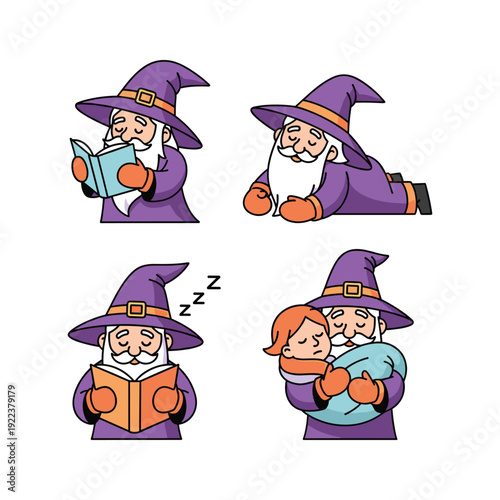 Cartoon wizard reading and sleeping with a child in a purple robe and hat