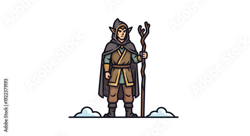 Cartoon Elf Wizard with Staff and Pointed Ears.
