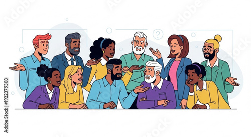 Diverse group of people discussing and interacting in a meeting or conversation setting with various expressions