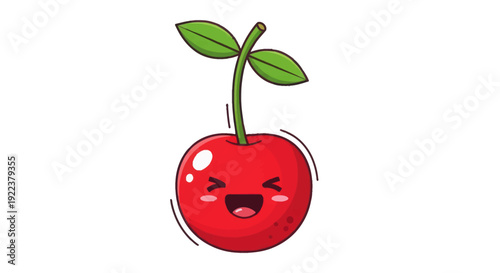 Adorable Cartoon Cherry with Smiling Face and Green Leaves.