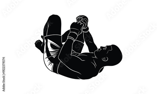 Male MMA fighter grappling on the ground in a black and white image