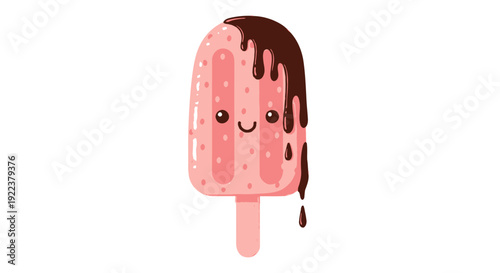 Cute pink kawaii popsicle with a happy face and dripping chocolate sauce.