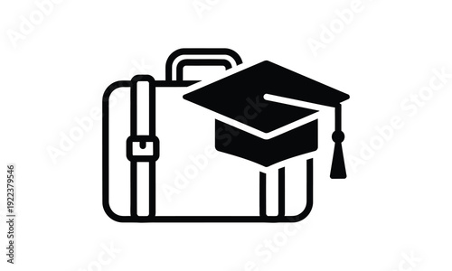 Minimalist icon of graduation cap placed on travel luggage suitcase