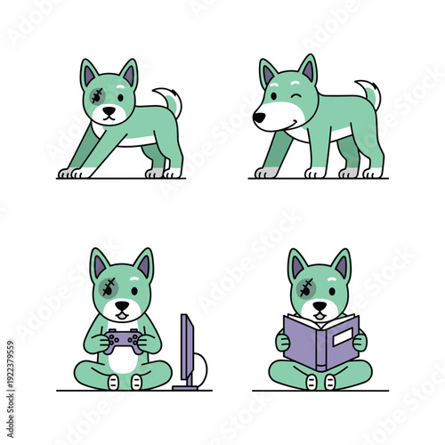 Cartoon dog set doing various activities in a minimalist style