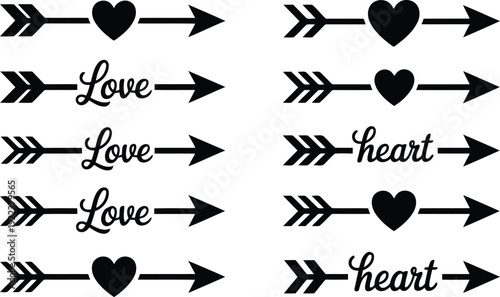 Elegant black arrows adorned with hearts and the words Love and Heart presented on a clean white background