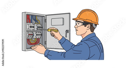 Professional Electrician Working on Electrical Panel Wiring.