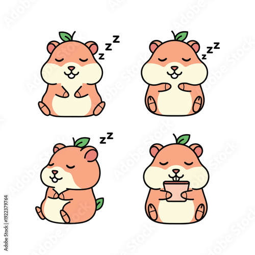 Cute cartoon hamster sleeping and drinking coffee in various poses with green leaves