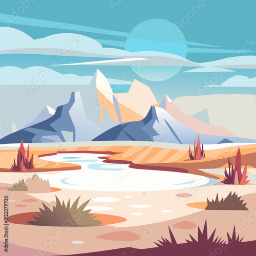 Stylized Tundra Landscape with Mountains and Arctic Sky