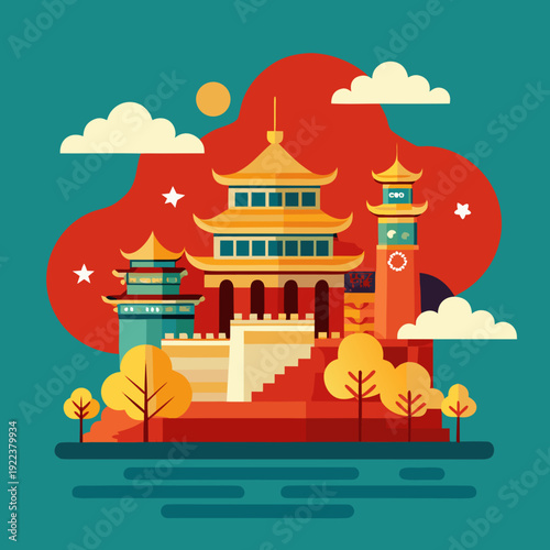Traditional Chinese Temple Architecture with Autumn Trees