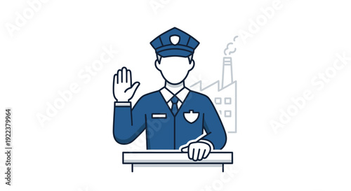 Cartoon Illustration of a Uniformed Police Officer Raising Hand.