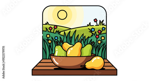 Bowl of ripe pears on a wooden surface with a pastoral landscape background.