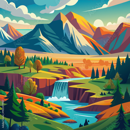 Vibrant Mountain Landscape with Waterfall and River