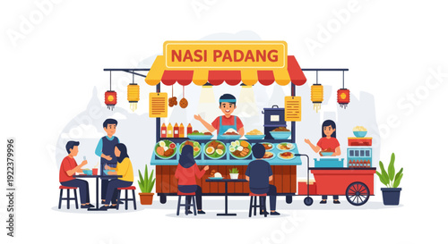 Vibrant Nasi Padang Food Stall with Customers and Colorful Decorations.