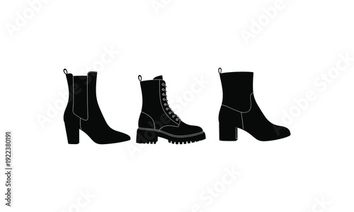 Set of three stylish women boots silhouettes in different heel styles