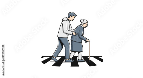 Elderly Woman Assisted by Young Man.