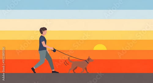 Man walking dog on leash during colorful sunset or sunrise with vibrant orange yellow and blue sky