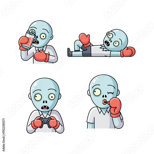 Zombie boxer in various fighting poses with red gloves on white background