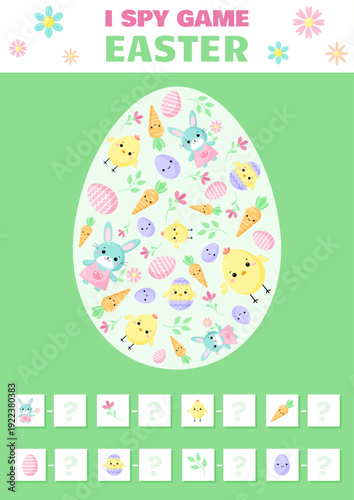Educational game for kids. Cute Easter i spy game.Count elements. Printable game.Educational activity worksheet.Illustration for kids books and workbooks.Logical quest for children.Vector illustration