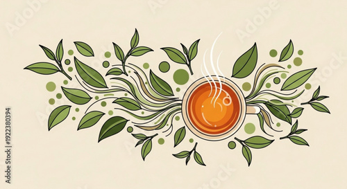Steaming cup of tea with green leaves and vines on a beige background symbolizing relaxation and nature