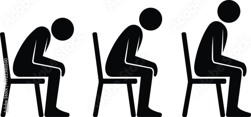 Poor sitting posture progression stick figure icons set, slouching back pain and fatigue body position illustration isolated on white background