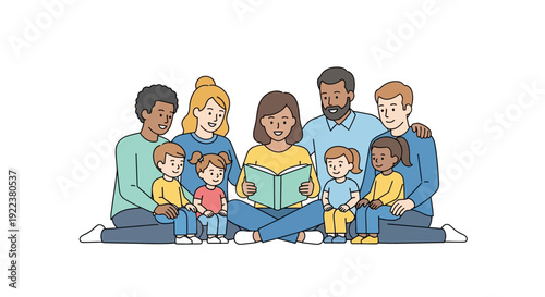 Diverse family with kids sitting together.