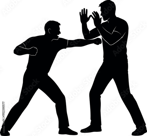 Aggressive Man Throwing a Punch at Another Man Using Defensive Hand Block Technique in a Silhouette Style Self Defense Concept.