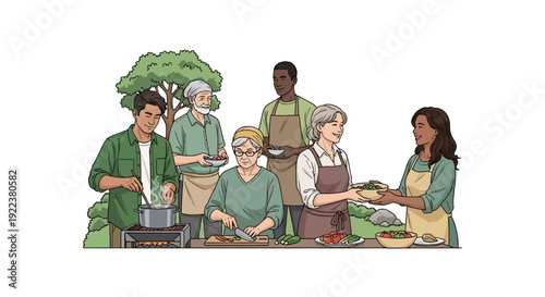 Diverse group of people cooking together.