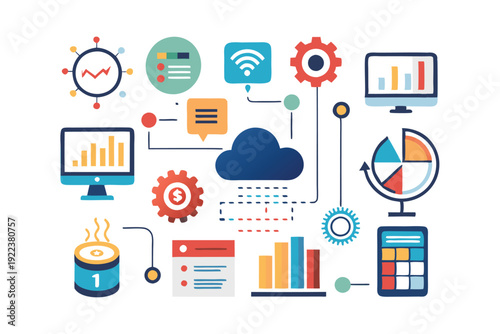 data analytics technology flat icons set vector on white background
