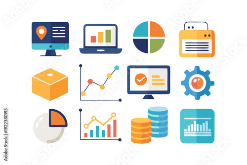 data analytics technology flat icons set vector on white background