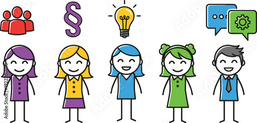 Cartoon stick figure team vector illustration set, diverse icons with roles and skills, professional artwork, decorative graphics, educational motifs