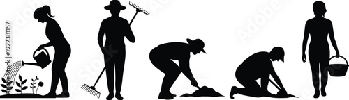Set of black silhouette gardeners watering plants, raking leaves and digging soil, farming and agriculture work concept isolated on white background illustration