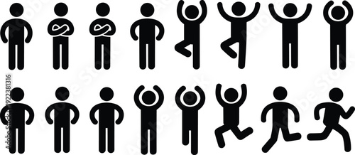 Set of human stick figure silhouettes showing different poses and actions including standing, celebrating, jumping and running isolated on white background icon collection