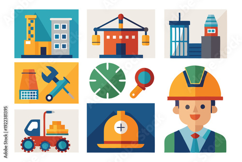 construction icons flat set vector on white background