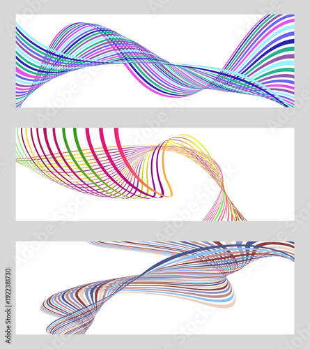 Wavy lines or ribbons. Set of 3 backgrounds. Multicolored striped gradient. Creative unusual background with abstract gradient wave lines to create a trendy banner, poster. vector eps