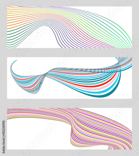 Wavy lines or ribbons. Set of 3 backgrounds. Multicolored striped gradient. Creative unusual background with abstract gradient wave lines to create a trendy banner, poster. vector eps