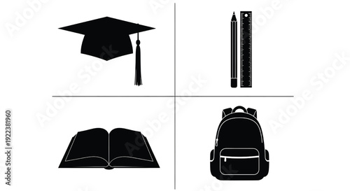 A set of black icons representing education and learning