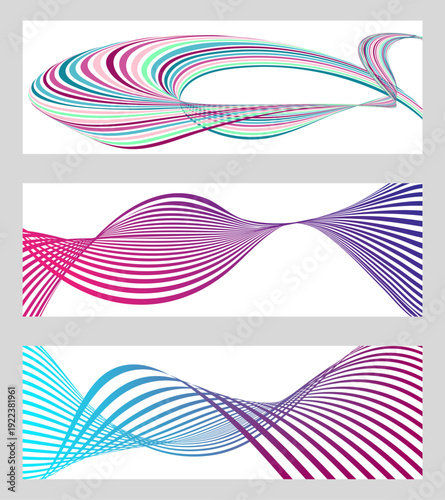 Wavy lines or ribbons. Set of 3 backgrounds. Multicolored striped gradient. Creative unusual background with abstract gradient wave lines to create a trendy banner, poster. vector eps