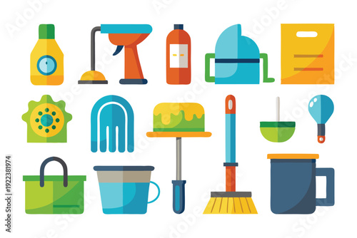 cleaning supplies tools flat icon set vector on white background