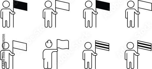 Flag icon vector illustration set, symbolic person holding diverse flags, simple artwork, decorative graphics, communication motifs