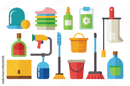 cleaning supplies tools flat icon set vector on white background