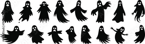 Ghost silhouette vector illustration set, spooky Halloween icons with diverse shapes, horror artwork, decorative graphics, supernatural motifs